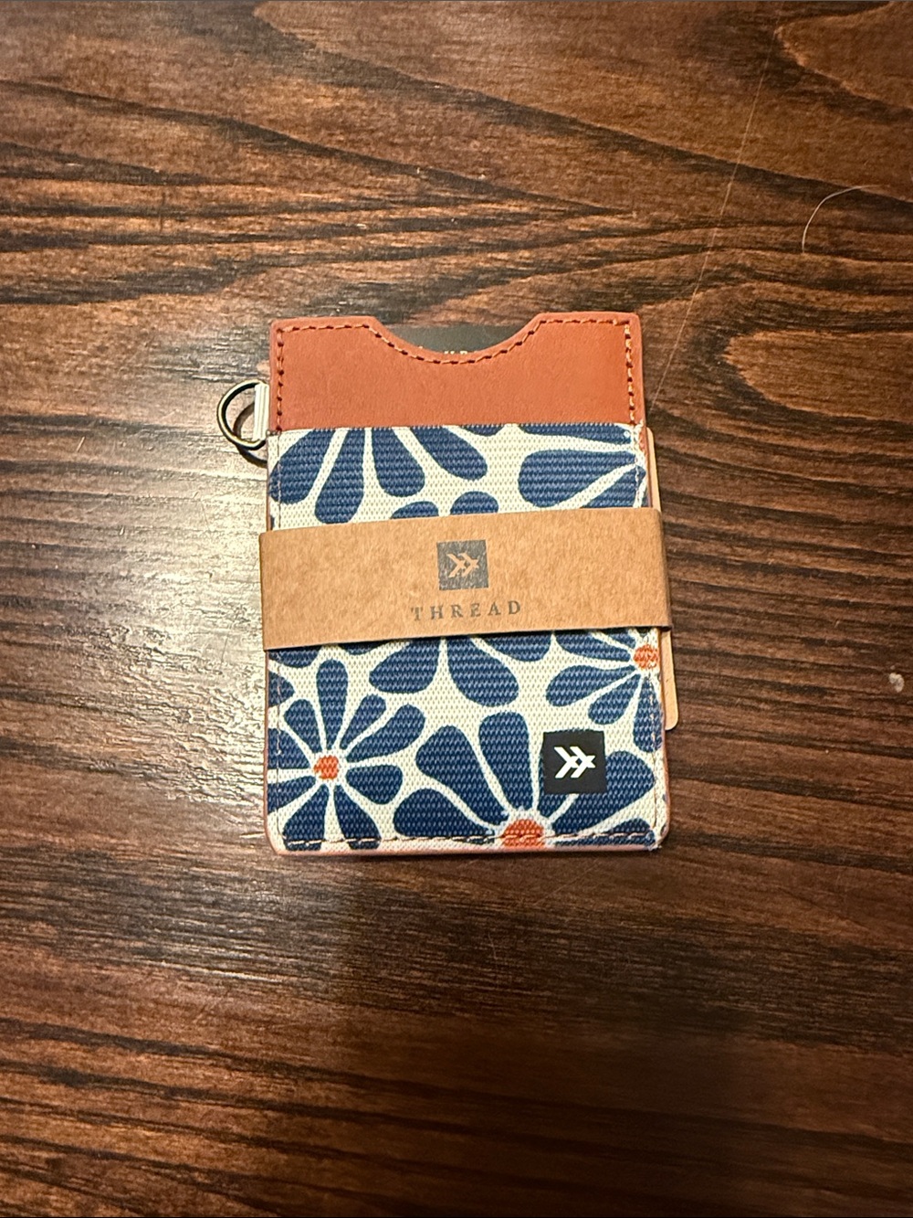 Thread Blue Floral Card Wallet with Tan Accent